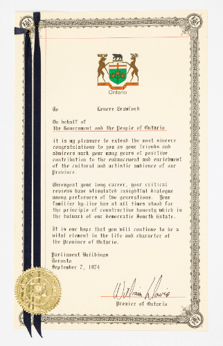 Certificate from the Province of Ontario (awarded to Lenore Crawford)