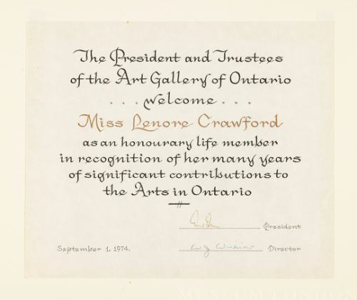 To Miss Lenore Crawford from Art Gallery of Ontario