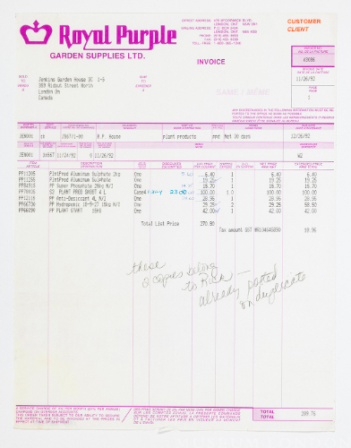 Royal Purple Invoice for Plant Products