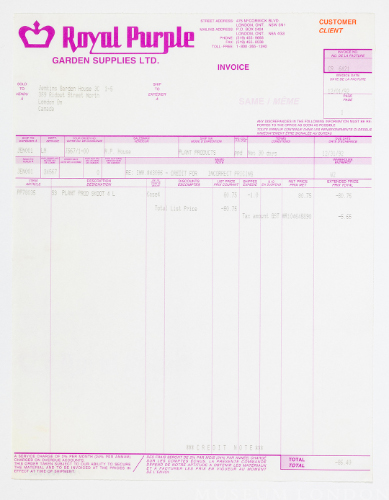 Royal Purple Invoice for Plant Products