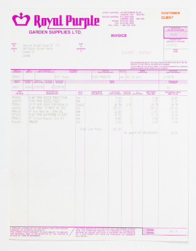 Plant Product Order - Royal Purple Invoice