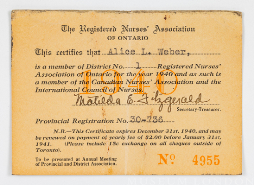 Card, Registered Nurses’ Association of Ontario, expires December 31st, 1940 (Alice L. Weber)