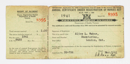 Annual Certificate under Registration of Nurses Act, 1941, dated Mar. 7/41 (Alice L. Weber)