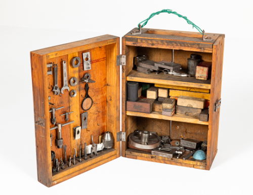 Wooden Toolbox with Wire Handle and Tools