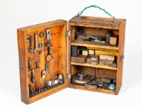 Wooden Toolbox with Wire Handle and Tools