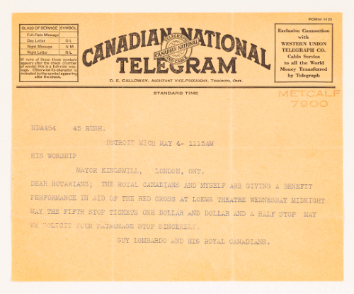 Telegram: Guy Lombardo to Mayor Kingsmill