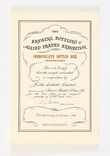Silver Medal Certificate - The Brewing, Bottling & Allied Trades Exhibition 1960