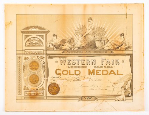 Gold Medal Certficate - Western Fair 1890