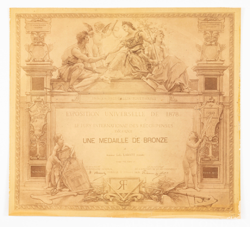 Exposition Universelle de 1878, Une medaille de Bronze a Monsieur J. Labatt