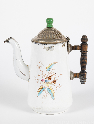 White Enamelware Coffeepot with Wood Handle