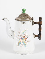 White Enamelware Coffeepot with Wood Handle