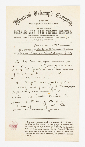 Souvenir Telegram: The Free Press Centennial Banquet, 1949