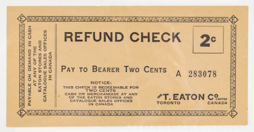 T. Eaton Co. 2 cent Refund Cheque