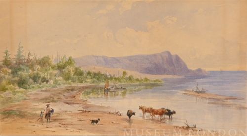 Untitled [cattle and figures along the water]