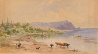 Untitled [cattle and figures along the water]