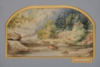 Untitled [landscape with cabin by water]