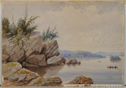 Untitled [landscape with rocks and boaters]