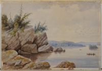 Untitled [landscape with rocks and boaters]