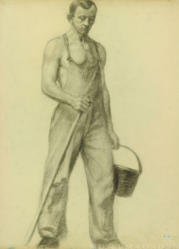 Man Looking Down with Pail and Pole/ Sketch of Seated Figure and Child's Head