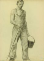 Man Looking Down with Pail and Pole/ Sketch of Seated Figure and Child's Head